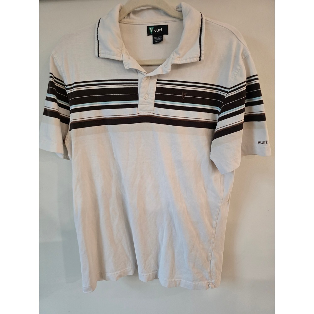 Vurt Mens Striped Polo Shirt White Brown Blue Short Sleeve Cotton Small